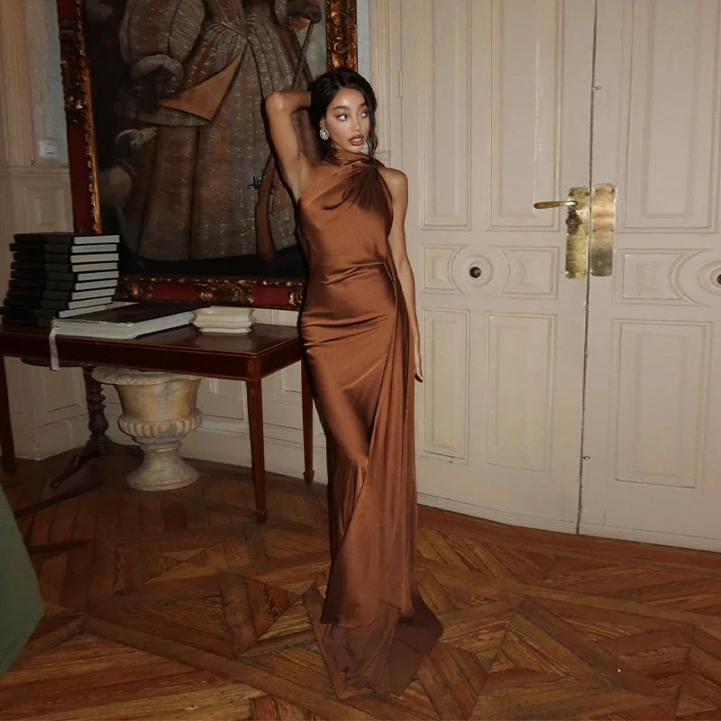 Elegant Satin Ribbons Halter Party Dress Women's Sexy Backless Off Shoulder Sleeveless Robes 2025 Summer New Lady Evening Gowns