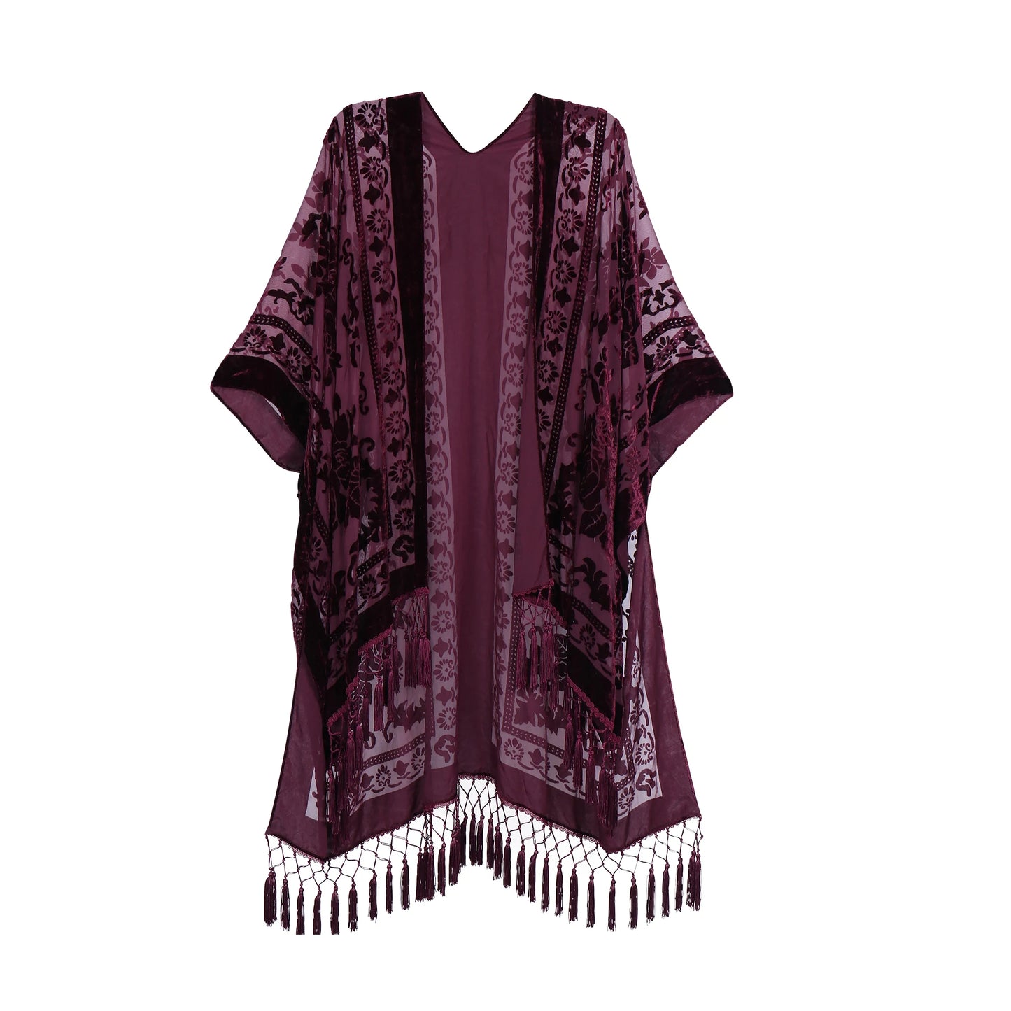 WeHello Bohemian burnt plush kimono Women's long Purple Tassel Beach Cover-up Holiday Casual Cardigan Shawl JYPF-20