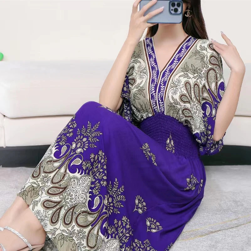 Casual Elegant Retro Bohemian National Style V-neck Elastic Waist Large Swing Printed Summer Long Skirt Woman Dress Clothes