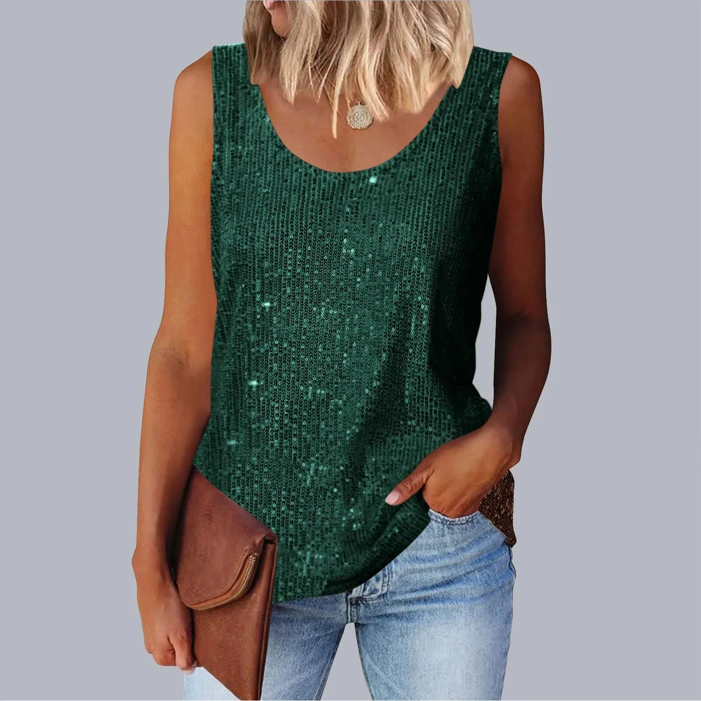Women's Loose-Fit Round Neck Vest Polyester Fiber Metal Patch Decorative Women's Sweater