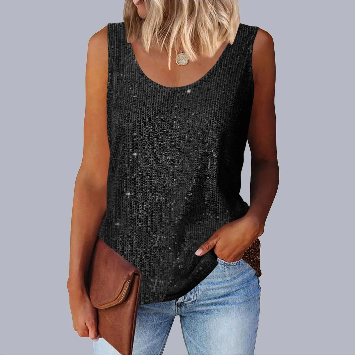 Women's Loose-Fit Round Neck Vest Polyester Fiber Metal Patch Decorative Women's Sweater