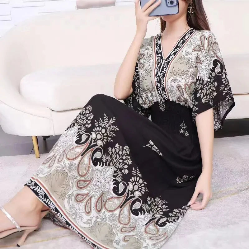 Casual Elegant Retro Bohemian National Style V-neck Elastic Waist Large Swing Printed Summer Long Skirt Woman Dress Clothes