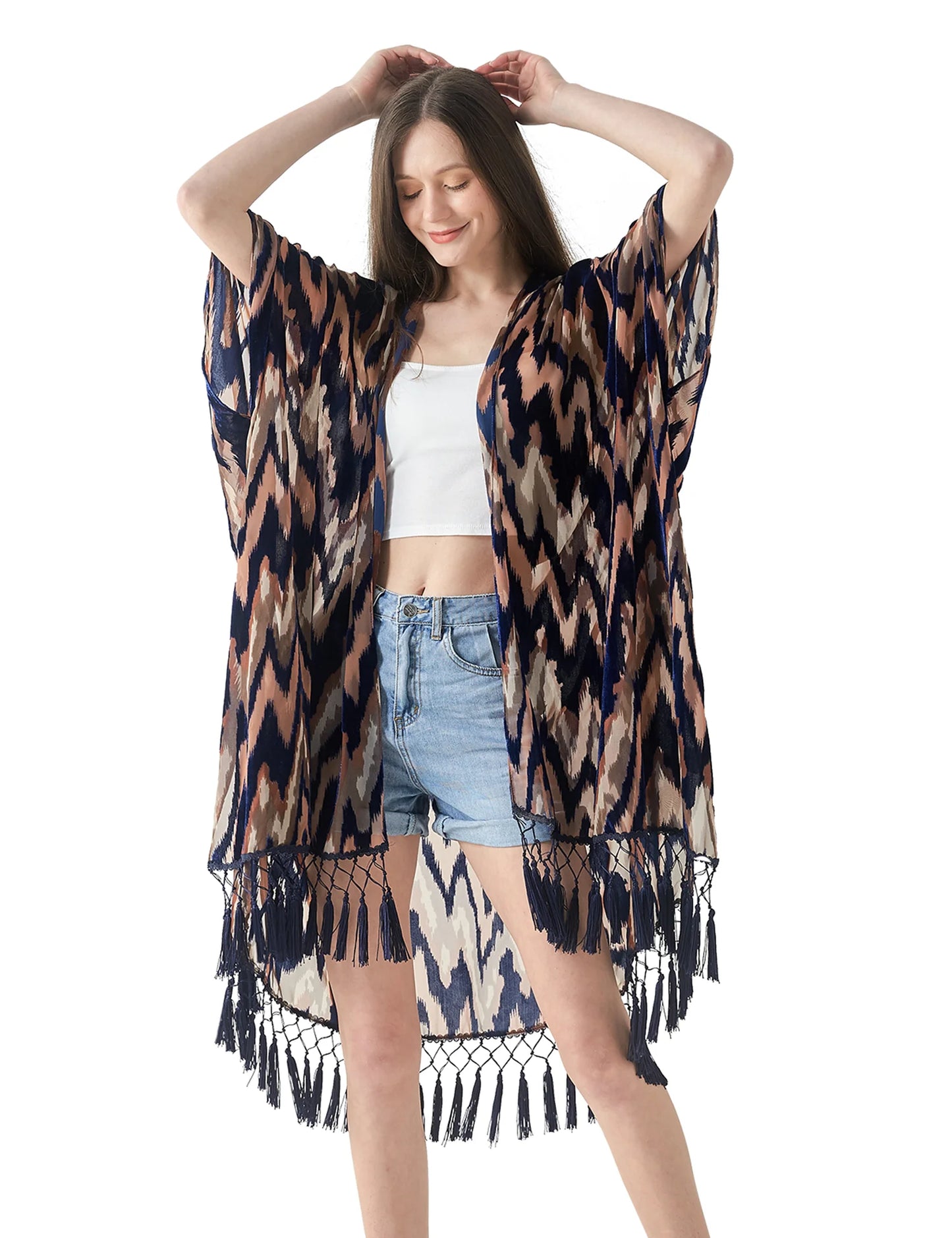 WeHello Bohemian burnt plush kimono Women's long Purple Tassel Beach Cover-up Holiday Casual Cardigan Shawl JYPF-20