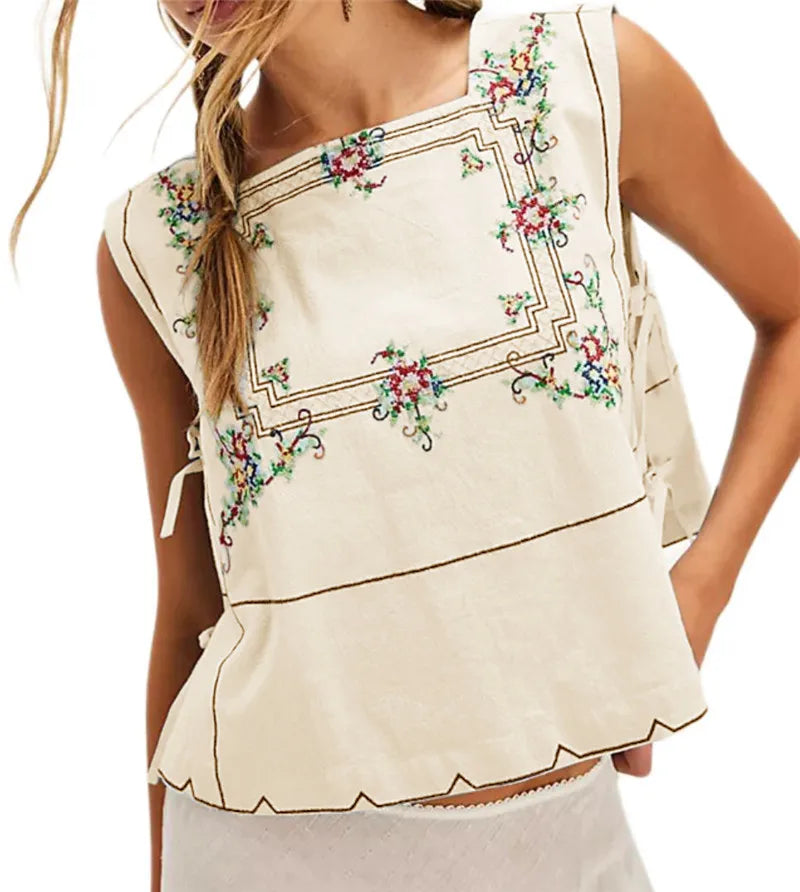 Embroidery Flower Tank Tops for Women Y2K Sleeveless Square Neck Button Front Free Tie Up Cropped Vest Summer Chic Streetwear