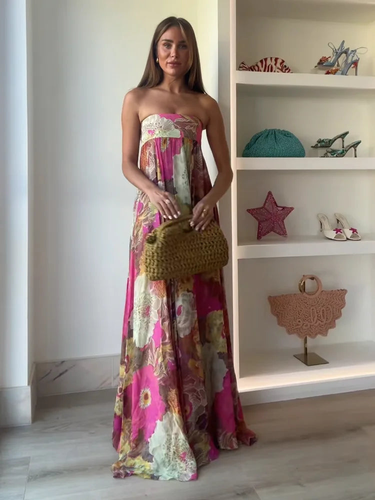 Casual Pleated Printed Strapless Maxi Dress Women Chic Sleeveless High Waist Loose Hem Long Dresses Summer New Lady Party Robes