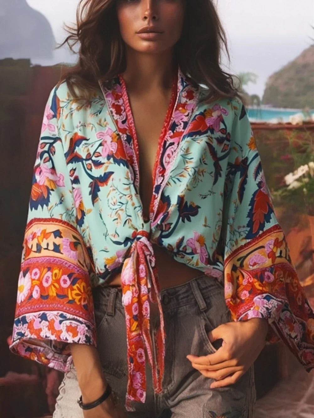 Happie Queens Floral Print Sashes Short Kimono Women Fashion V Neck Batwing Sleeves Robe Lady Boho Bikini Cover-ups