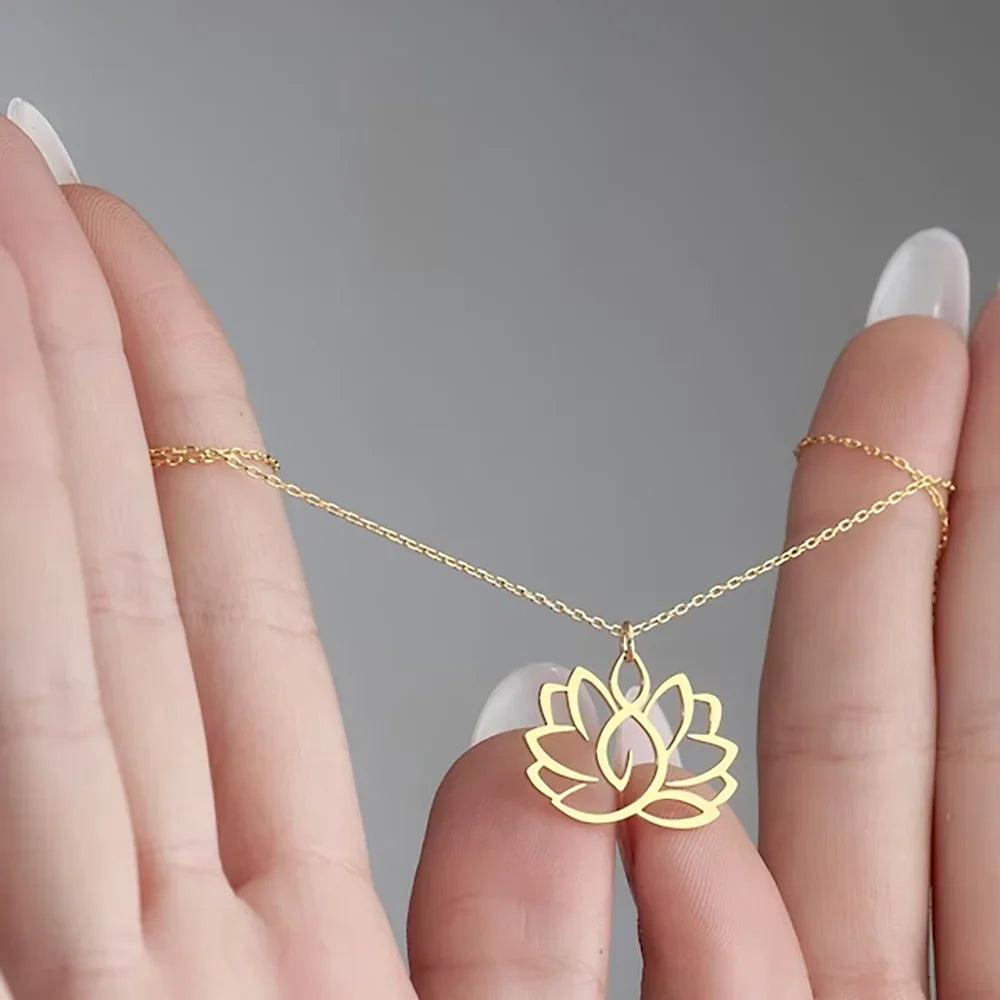 Stainless Steel Necklace Yoga Lotus Flower Necklaces Adjustable Chains Pendant Women Buddhist Religious Jewelry Party Gifts