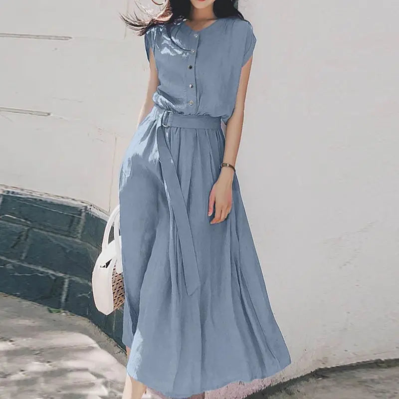 Women Fashion Short Sleeve Dress Summer Elegant Party Vestidos Casual Mid-calf Sundress Femme Vintage OL Robe Kaftan