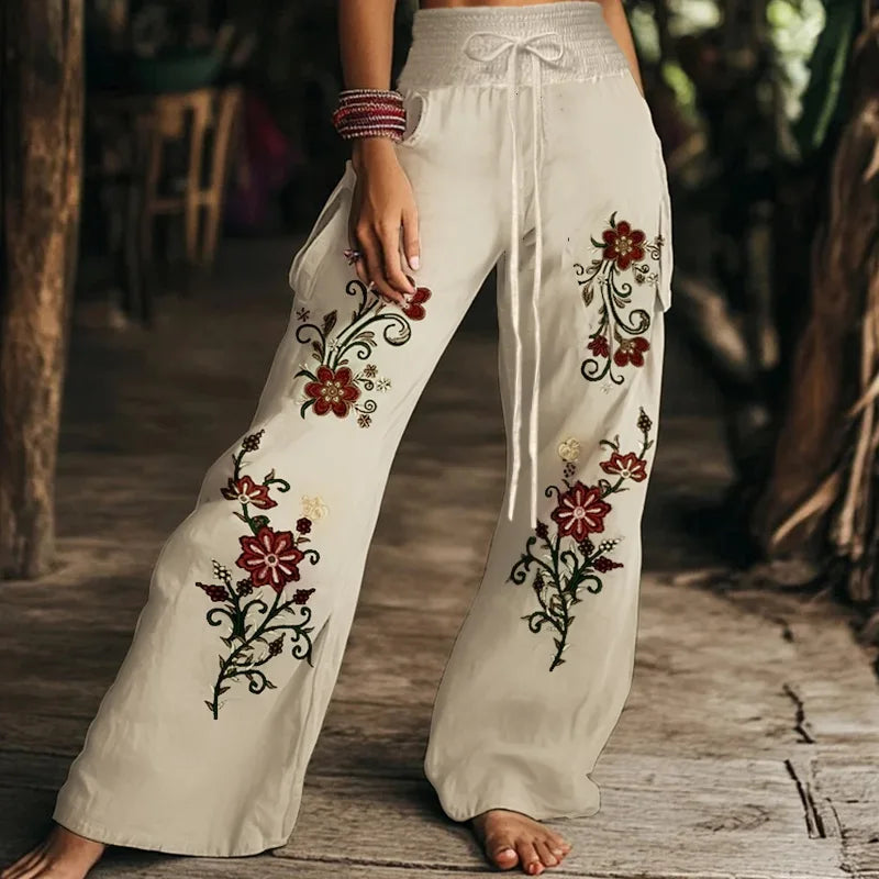 Autumn Fashion Casual Temperament Comfortable and Elegant Plant Print Women's Elastic Waist Pants