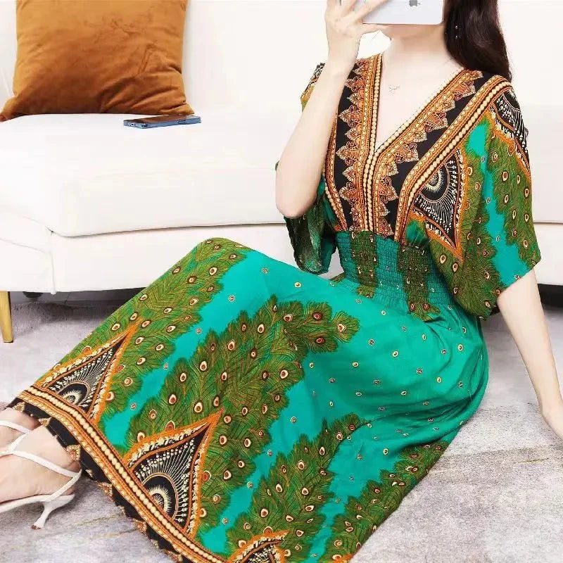 Casual Elegant Retro Bohemian National Style V-neck Elastic Waist Large Swing Printed Summer Long Skirt Woman Dress Clothes