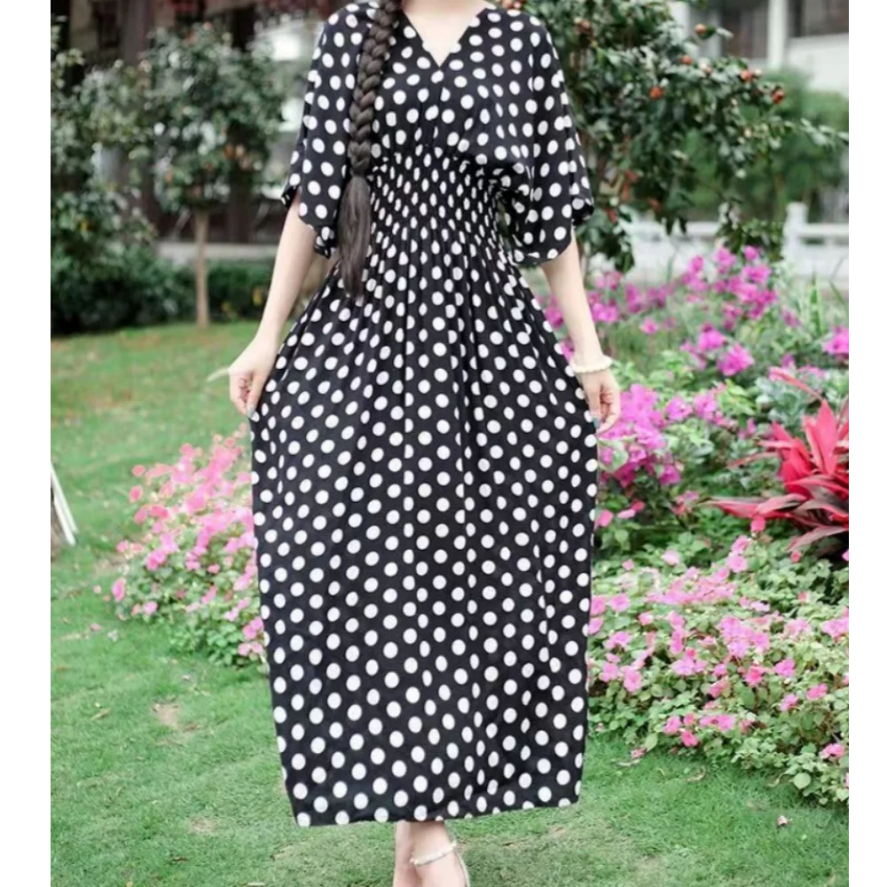 Casual Elegant Retro Bohemian National Style V-neck Elastic Waist Large Swing Printed Summer Long Skirt Woman Dress Clothes