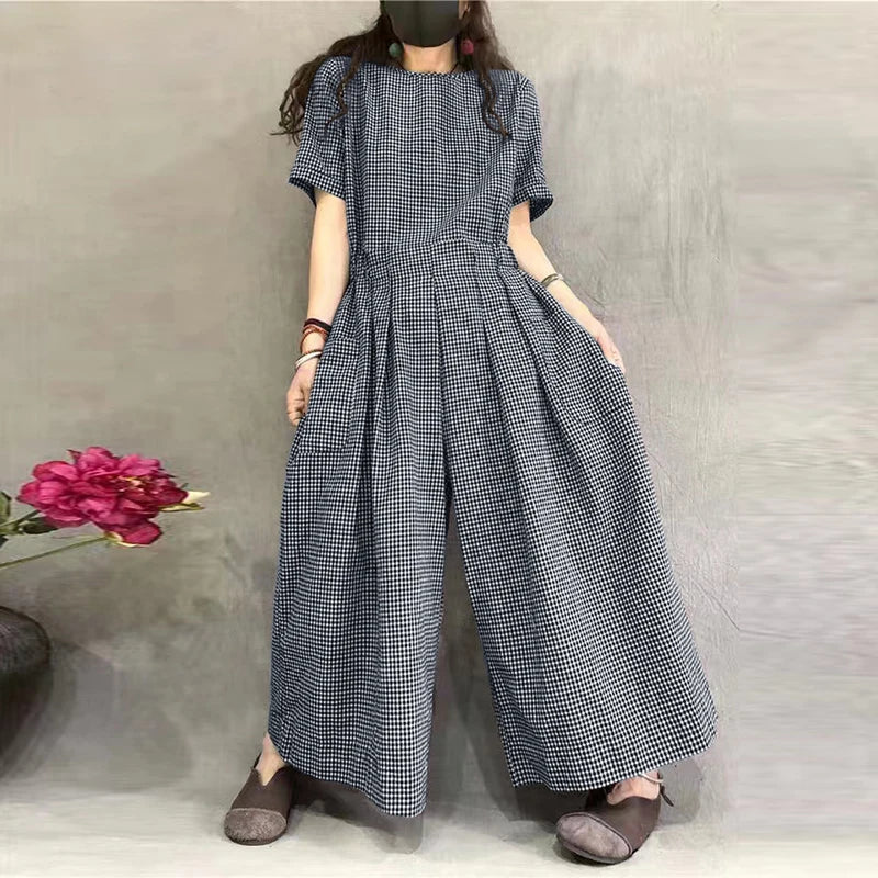 Short Sleeve Checked Wide Leg Overalls Pleated Waist O Neck Loose Casual Gingham Jumpsuits 2024 Fashion Women Long Romper - emogogo