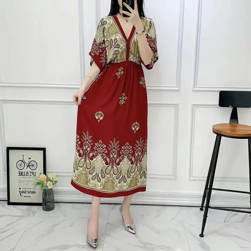 Casual Elegant Retro Bohemian National Style V-neck Elastic Waist Large Swing Printed Summer Long Skirt Woman Dress Clothes