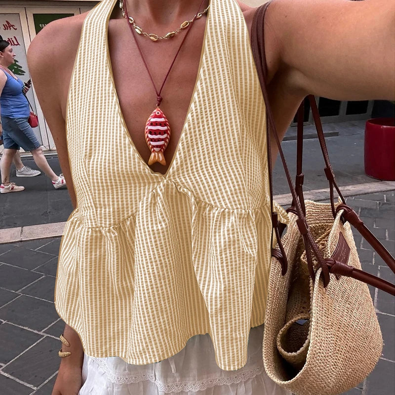 Bohemian Plaid Babydoll Tank Tops Coquette Tie-up Halter Neck Sleeveless Vest Summer Backless Crop Tops Women Holiday Streetwear