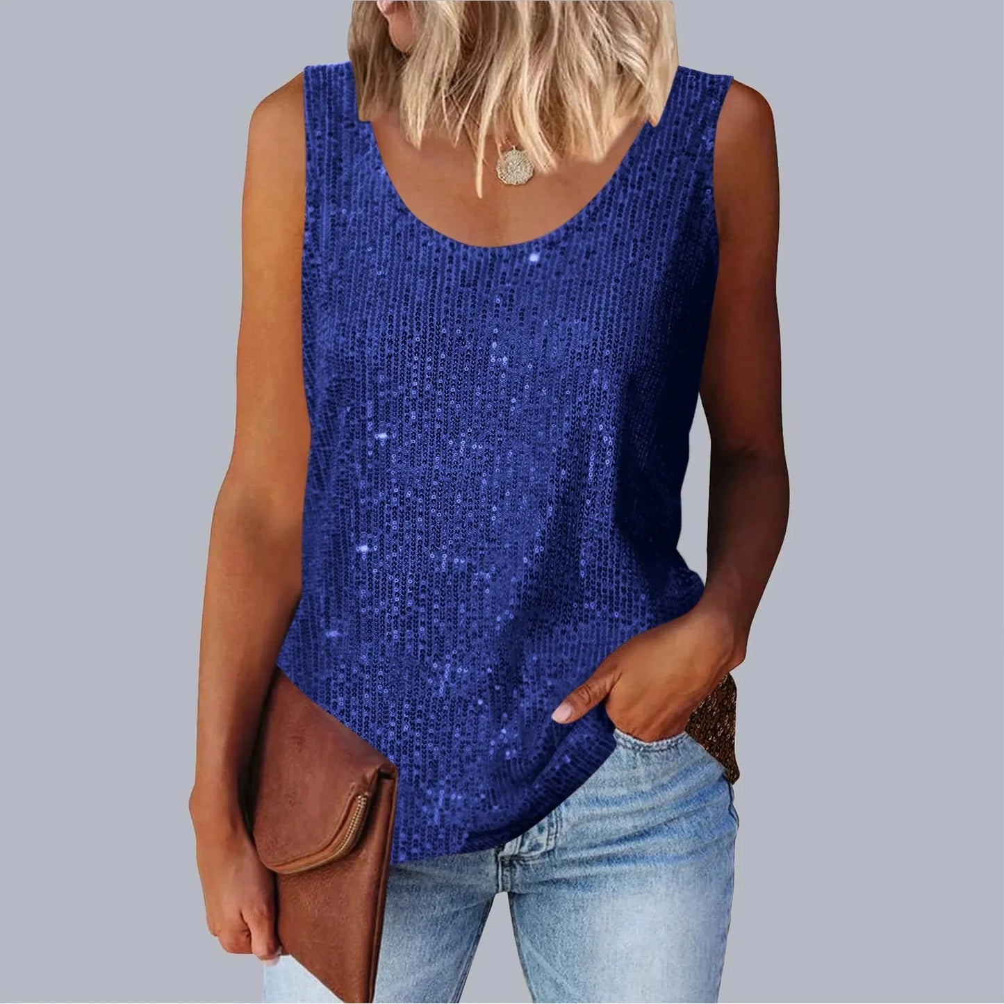 Women's Loose-Fit Round Neck Vest Polyester Fiber Metal Patch Decorative Women's Sweater