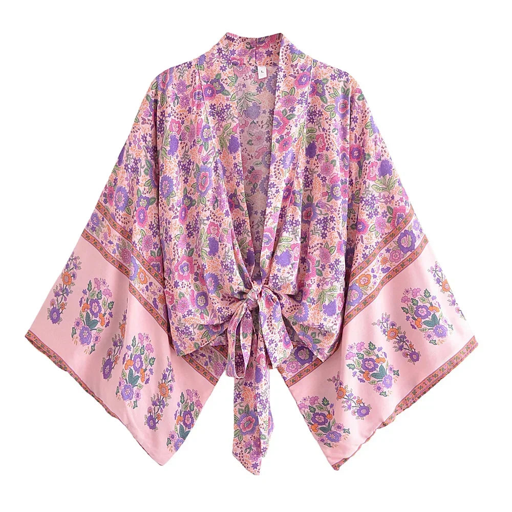 Happie Queens Floral Print Sashes Short Kimono Women Fashion V Neck Batwing Sleeves Robe Lady Boho Bikini Cover-ups