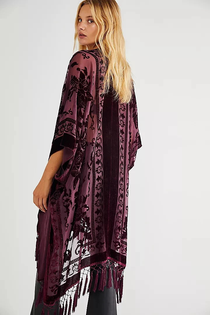 WeHello Bohemian burnt plush kimono Women's long Purple Tassel Beach Cover-up Holiday Casual Cardigan Shawl JYPF-20