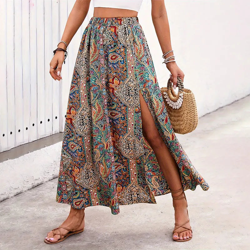 Bohemian Boho Retro Floral Print Skirts Women Indie Folk Summer High Waist A-Line Pleated Long Skirts Casual Holiday Beach Skirt