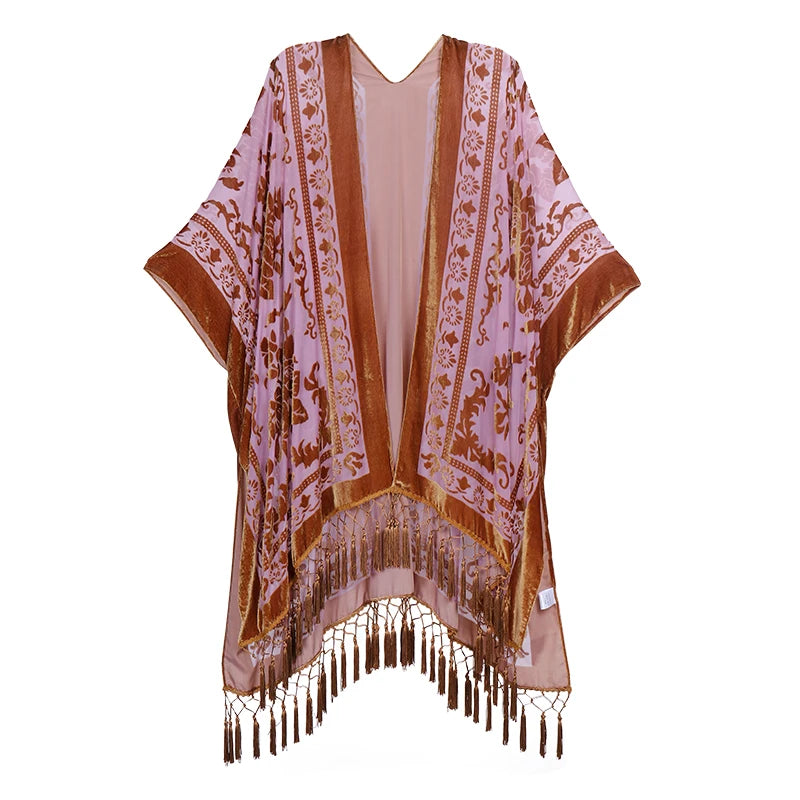 WeHello Bohemian burnt plush kimono Women's long Purple Tassel Beach Cover-up Holiday Casual Cardigan Shawl JYPF-20
