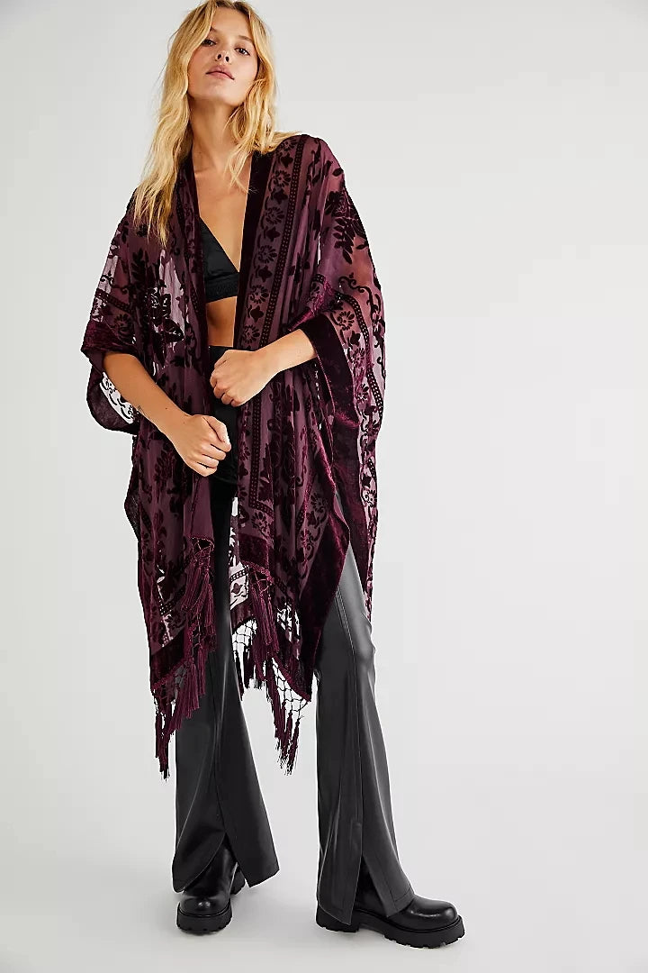 WeHello Bohemian burnt plush kimono Women's long Purple Tassel Beach Cover-up Holiday Casual Cardigan Shawl JYPF-20