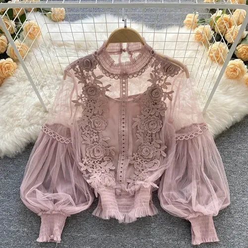 Lace Puff Long Sleeve Blouse Vintage Fashion Blouses Elegant Femme Blusas Korean Woman Tops Women Shirts Clothing Dropshipping