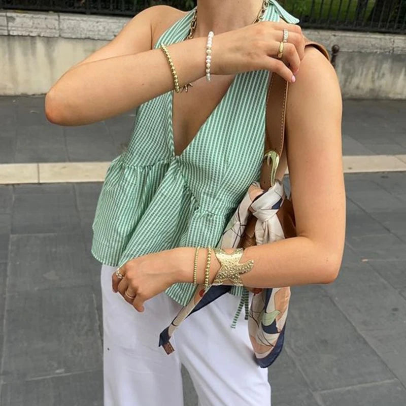Bohemian Plaid Babydoll Tank Tops Coquette Tie-up Halter Neck Sleeveless Vest Summer Backless Crop Tops Women Holiday Streetwear