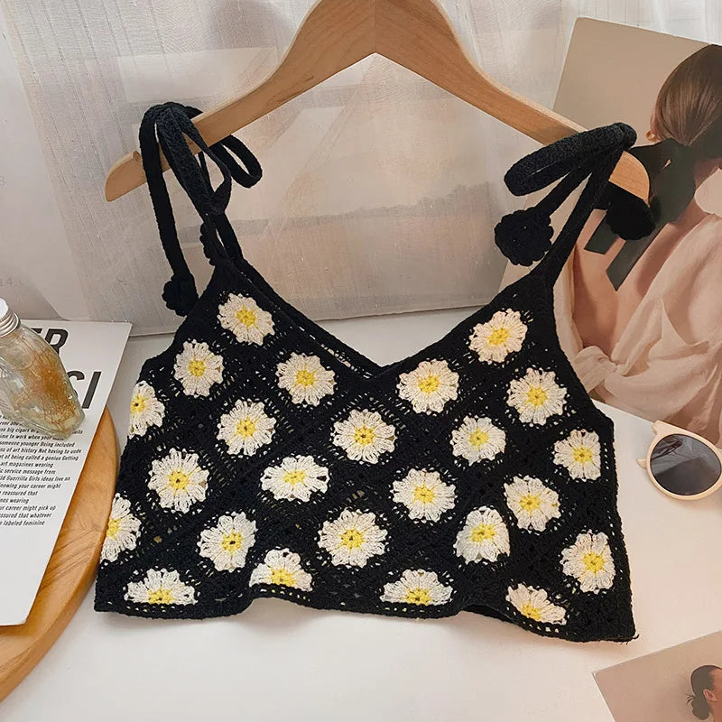 Floral Crochet Top with Tie Shoulder Strap Open-knit Cami Tank Women Teengirl Boho Crop Top Summer Vacation Bohemian Clothes