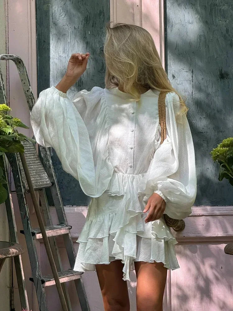 Women Single Breasted Ruffles Mini Dress Fashion Solid Long Lantern Sleeve Loose Hem Short Dresses Summer Casual Vocation Robe