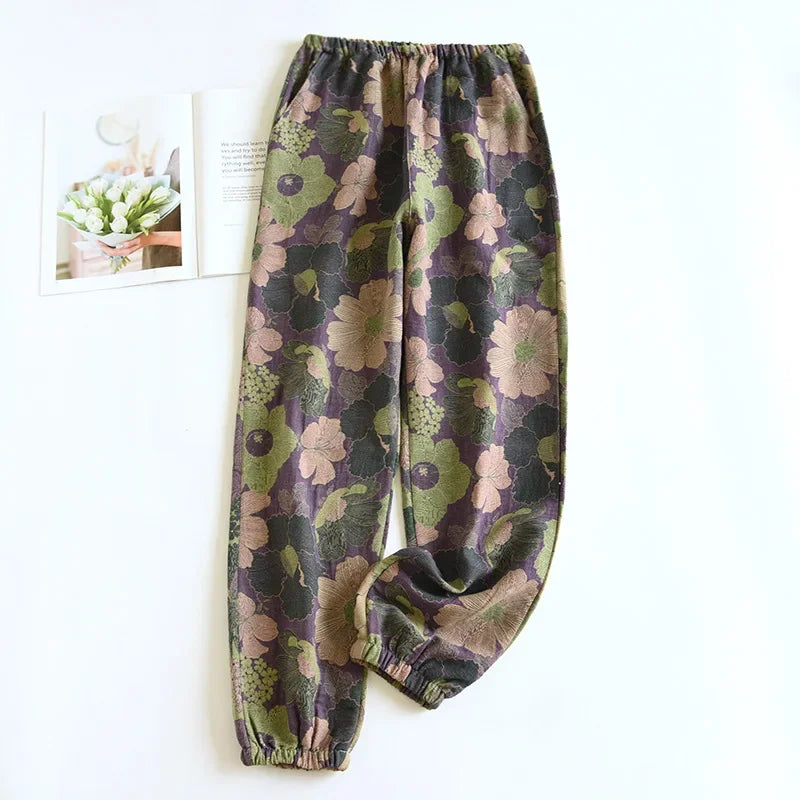 2025 New Spring Summer Women's Pajamas 100% Cotton Crepe Pants Women's Comfortable Loose Large Leaf Home Pants Thin bottoms