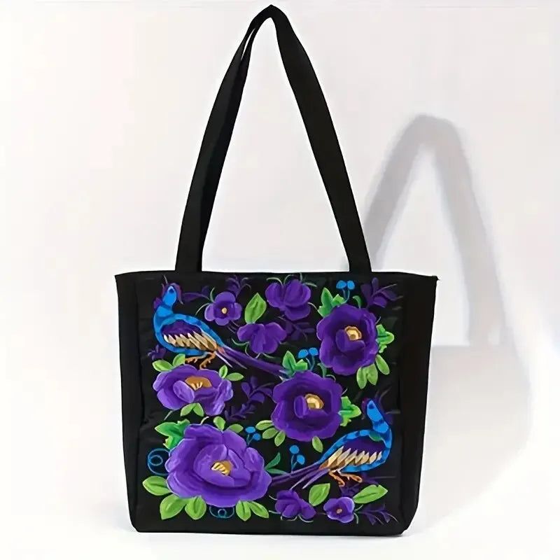 Ethnic Style Flower Embroidery Canvas Tote Shoulder Bag Large Capacity Handbag For Women