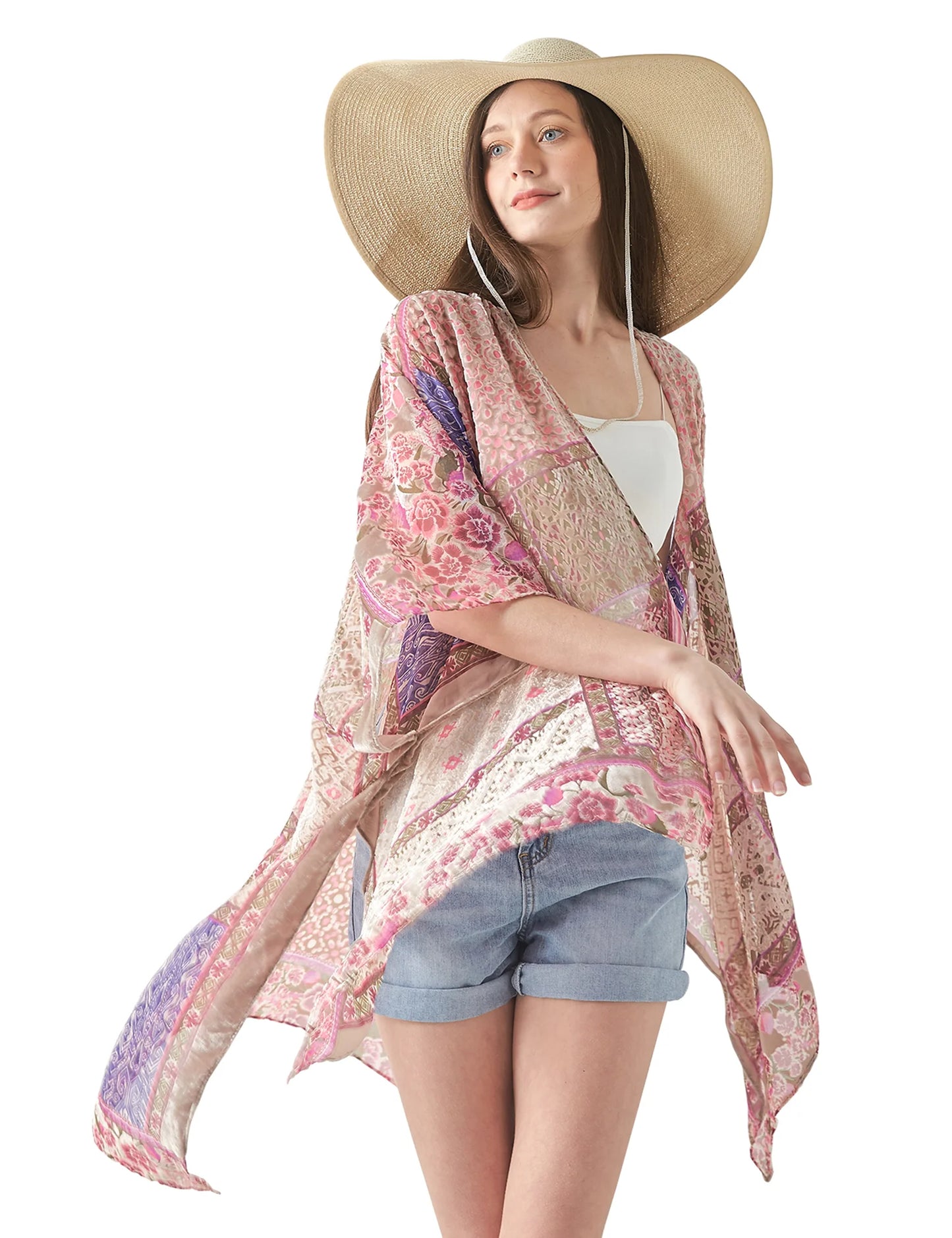 WeHello Bohemian burnt plush kimono Women's long Purple Tassel Beach Cover-up Holiday Casual Cardigan Shawl JYPF-20