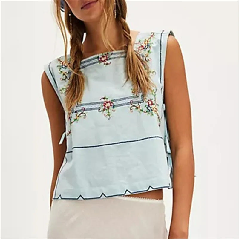 Embroidery Flower Tank Tops for Women Y2K Sleeveless Square Neck Button Front Free Tie Up Cropped Vest Summer Chic Streetwear