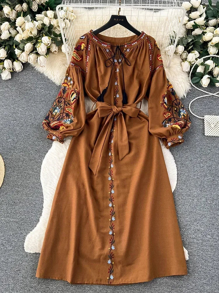 Women Spring Autumn Dress Vintage Ethnic Style Lantern Long Sleeve Embroidered Round Neck Slim A-line Cotton Linen Dress D4930
