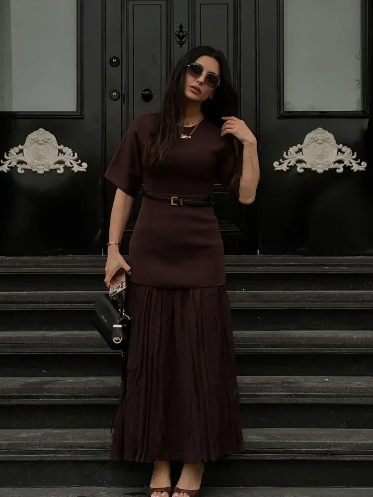 Elegant O Neck Short Sleeve Maxi Dress Women Fashion Solid Pleated Gauze Patchwork Dresses 2025 New Lady Office Commute Vestidos