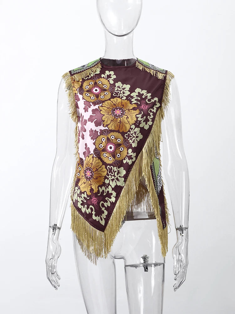 Fashion Floral Print Top With Fringe Trim For Women Vintage O-neck Sleeveless Asymmetric Hem Satin Blouse Lady 2026 Chic Tops