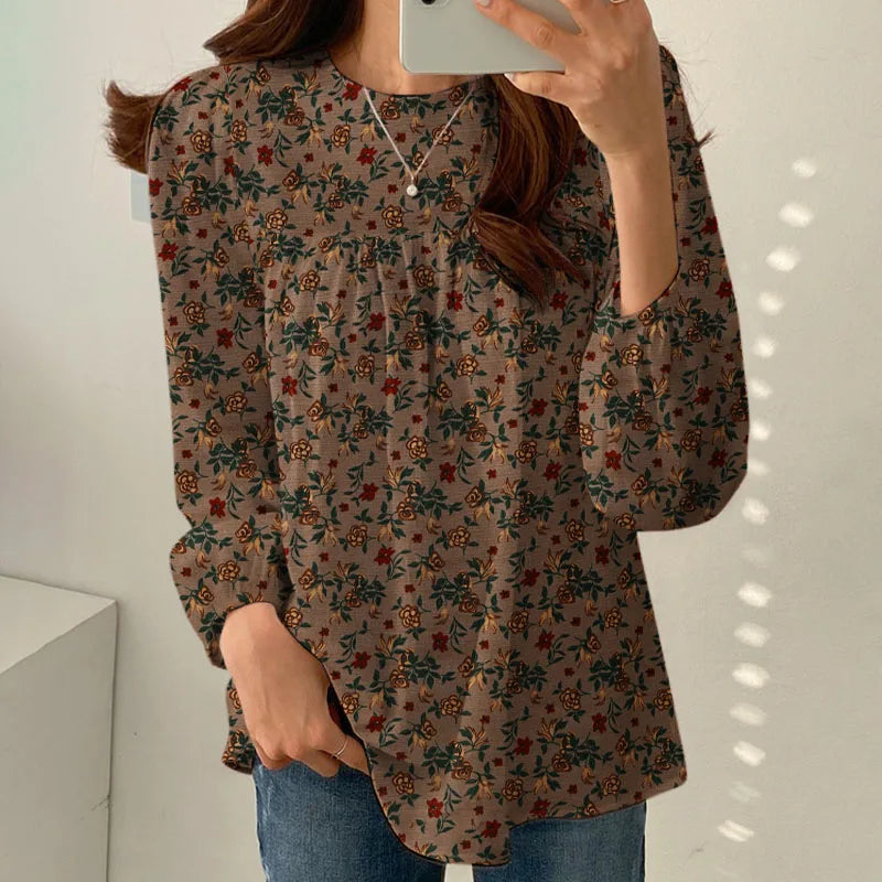 Women Floral Printed Blouse Bohemian Holiday Tops Vintage Long Sleeve Work Shirt Casual Cotton Chemise Female Blusas