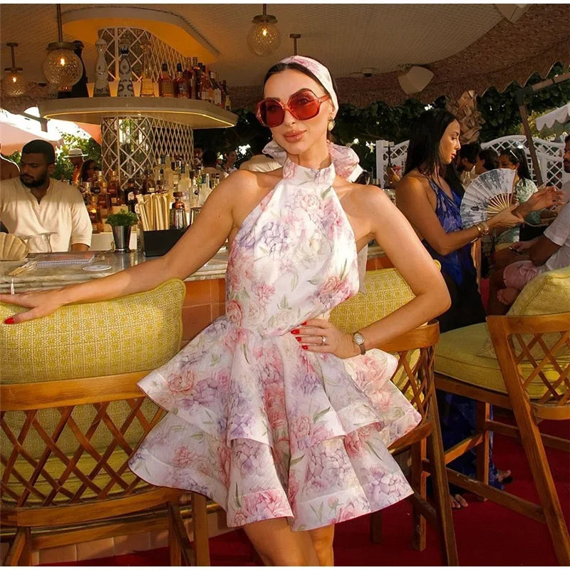 Floral Print Halter Ruffles Dresses Women's Elegant Backless Sleeveless Bow Lace Up Mini Dress 2025 Summer New Lady Party Robes
