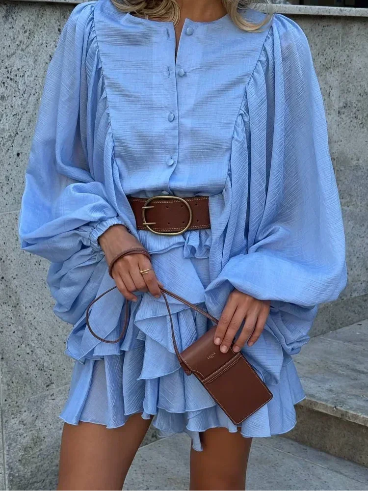 Women Single Breasted Ruffles Mini Dress Fashion Solid Long Lantern Sleeve Loose Hem Short Dresses Summer Casual Vocation Robe