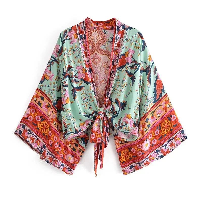 Happie Queens Floral Print Sashes Short Kimono Women Fashion V Neck Batwing Sleeves Robe Lady Boho Bikini Cover-ups