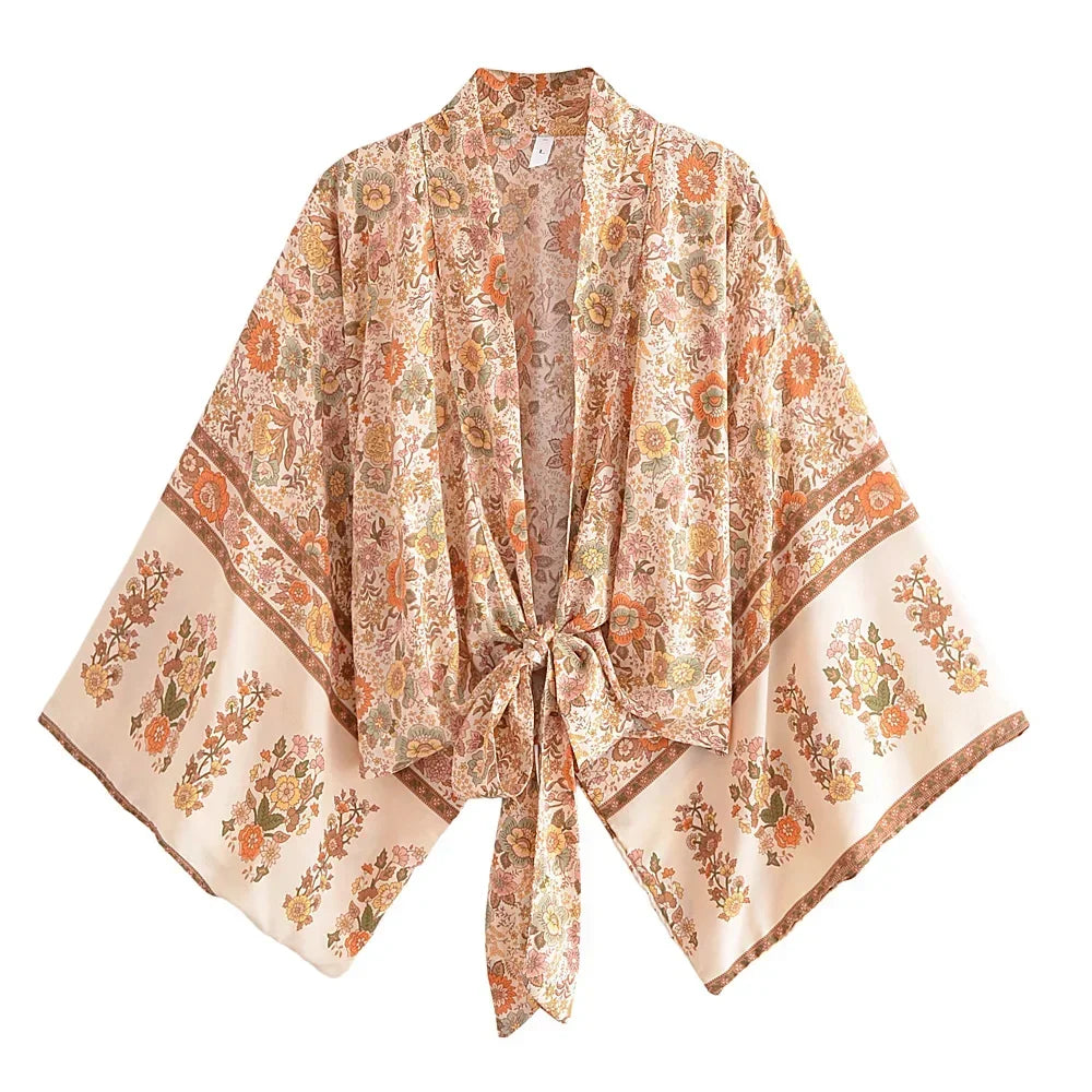 Happie Queens Floral Print Sashes Short Kimono Women Fashion V Neck Batwing Sleeves Robe Lady Boho Bikini Cover-ups