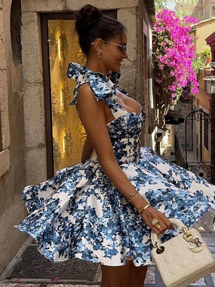 Vintage Blue Print Bow Lace-up Sling Dress For Women High Waist Pleated A-line Mini Dresses Summer New Vocation Lady Vestidos
