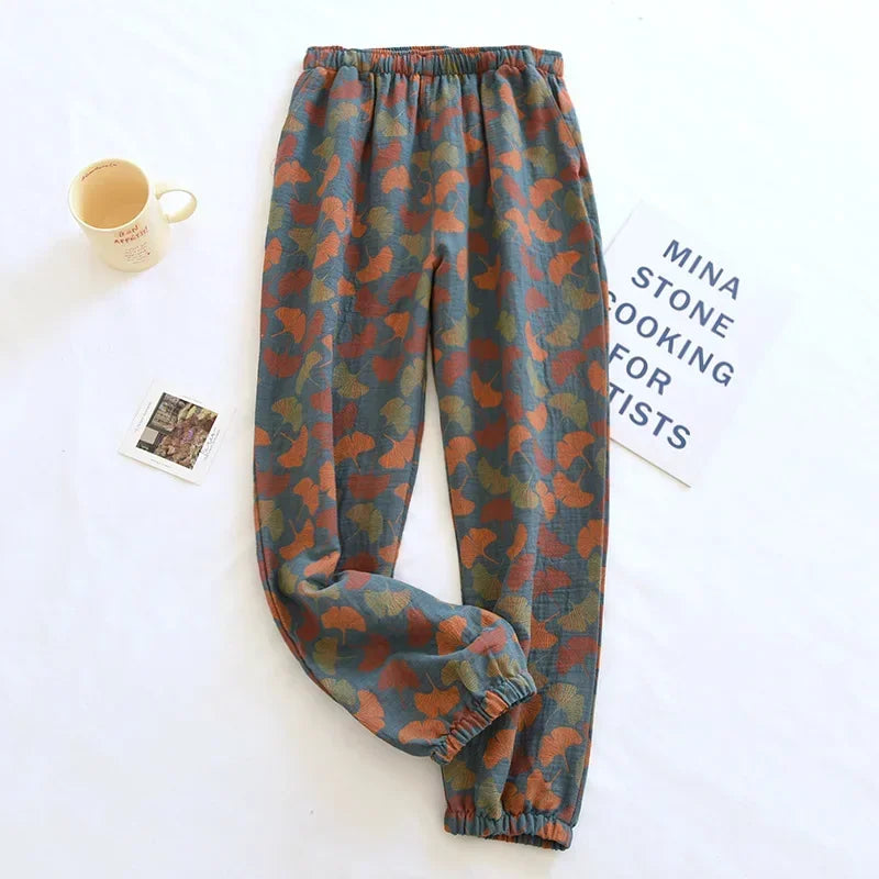 2025 New Spring Summer Women's Pajamas 100% Cotton Crepe Pants Women's Comfortable Loose Large Leaf Home Pants Thin bottoms