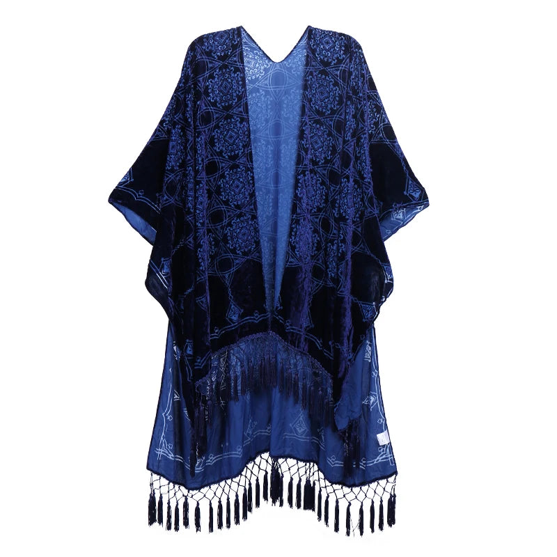 WeHello Bohemian burnt plush kimono Women's long Purple Tassel Beach Cover-up Holiday Casual Cardigan Shawl JYPF-20