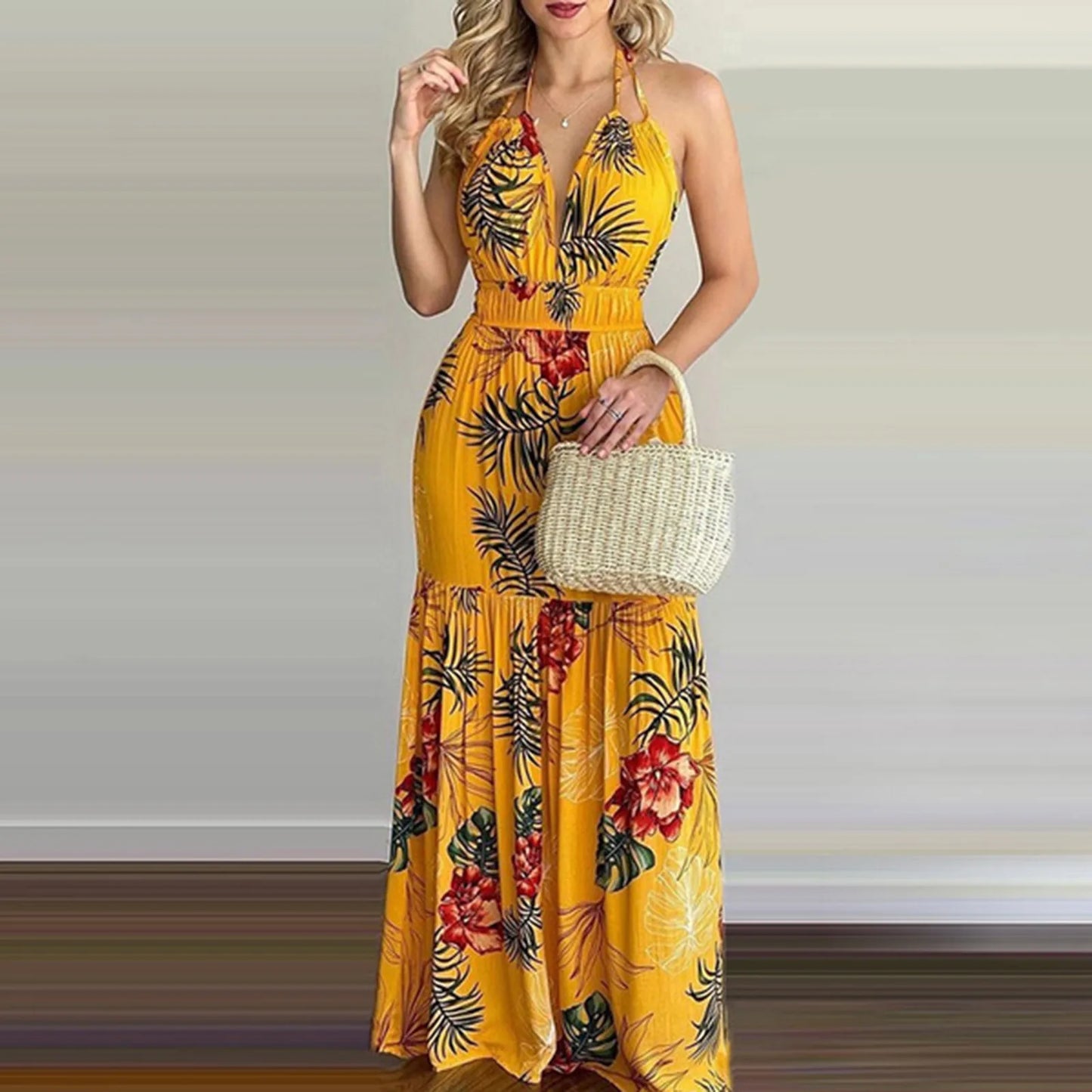 Summer Long Dress Bohemia Floral Casual Dresses Sexy Backless Halter Strapless 2023 Beach Sundress Vacation Clothes For Women