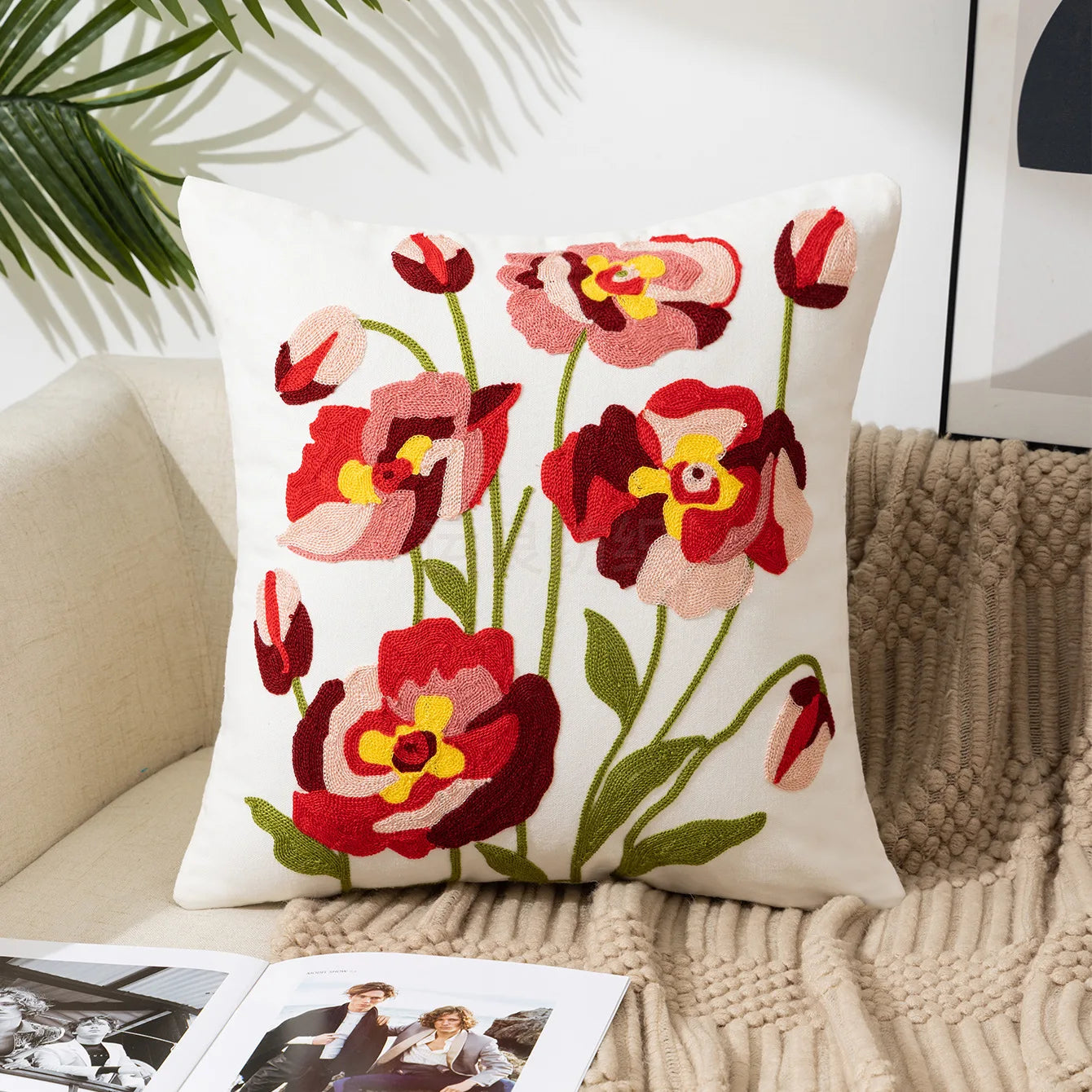 Throw Pillow Cover Decorative Cushion Cover Pastoral Style Home Living Room Sofa Pillow Cover Embroidered Flower Pillow Cover