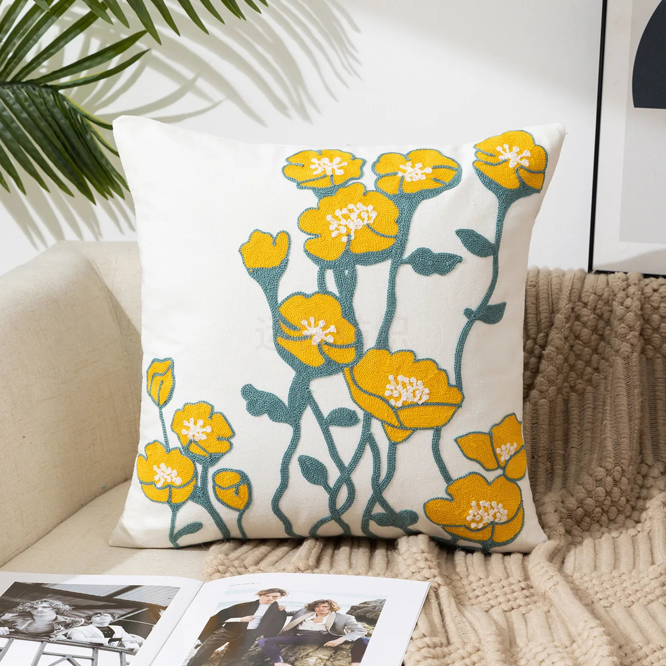 Throw Pillow Cover Decorative Cushion Cover Pastoral Style Home Living Room Sofa Pillow Cover Embroidered Flower Pillow Cover