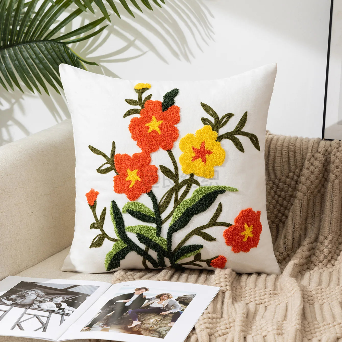 Throw Pillow Cover Decorative Cushion Cover Pastoral Style Home Living Room Sofa Pillow Cover Embroidered Flower Pillow Cover