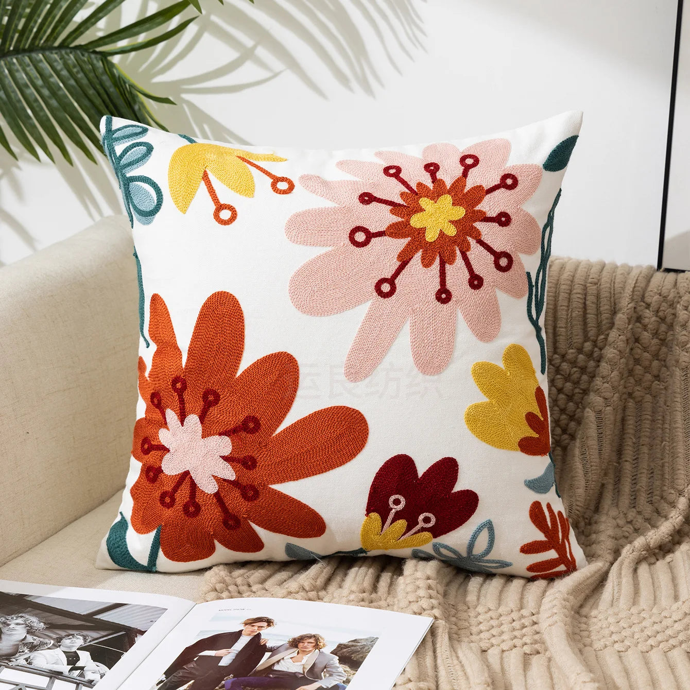 Throw Pillow Cover Decorative Cushion Cover Pastoral Style Home Living Room Sofa Pillow Cover Embroidered Flower Pillow Cover