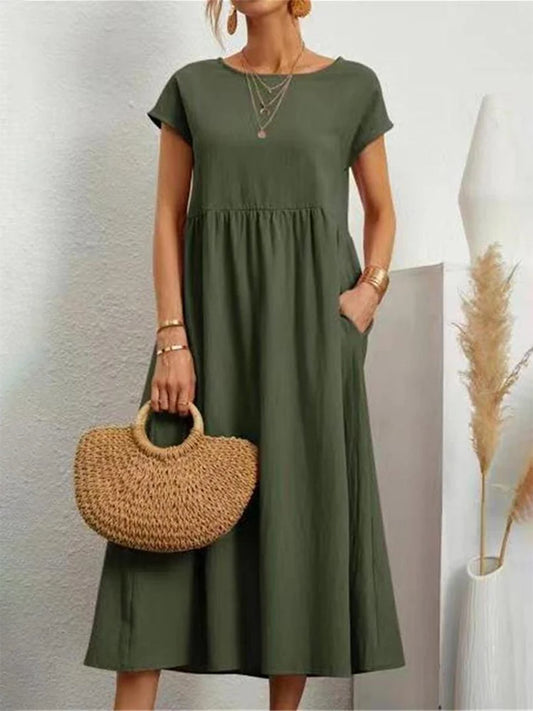 Vintage Solid Midi Dress Casual Short Sleeve Cotton and Linen Harajuku Oversized Long Dress Women Summer Y2K Maxi Sundress 2023