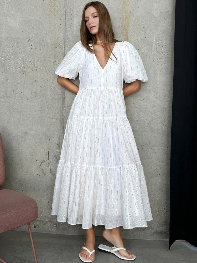 Vintage Women's Cotton Dress 100% V Neck Elegant White Floral Print Dress Midi Long Puff Sleeve Casual Summer Dresses for Women